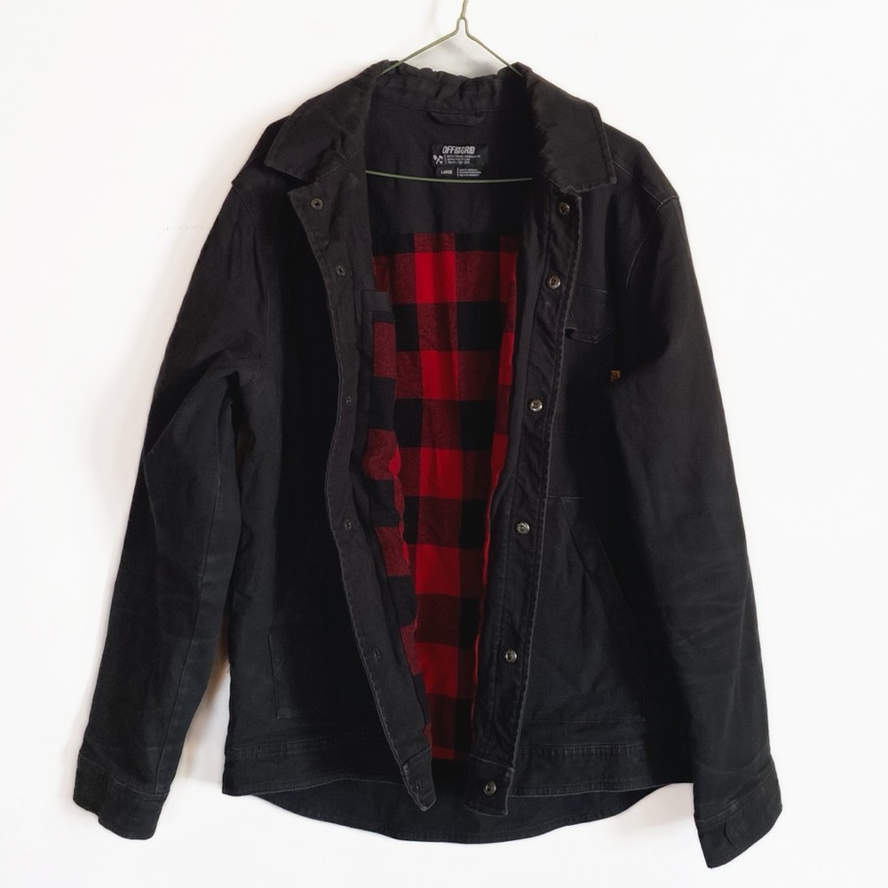 Off The Grid Mens Canvas Chore Coat Black and Red Plaid lined size L